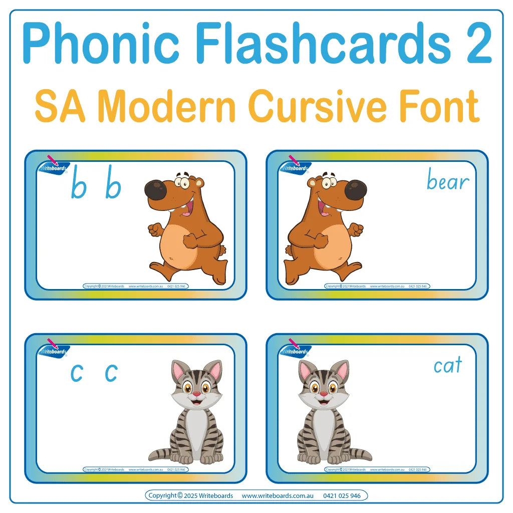 Reinforce phonics with flashcards featuring animals and SA Modern Cursive Font to build literacy skills