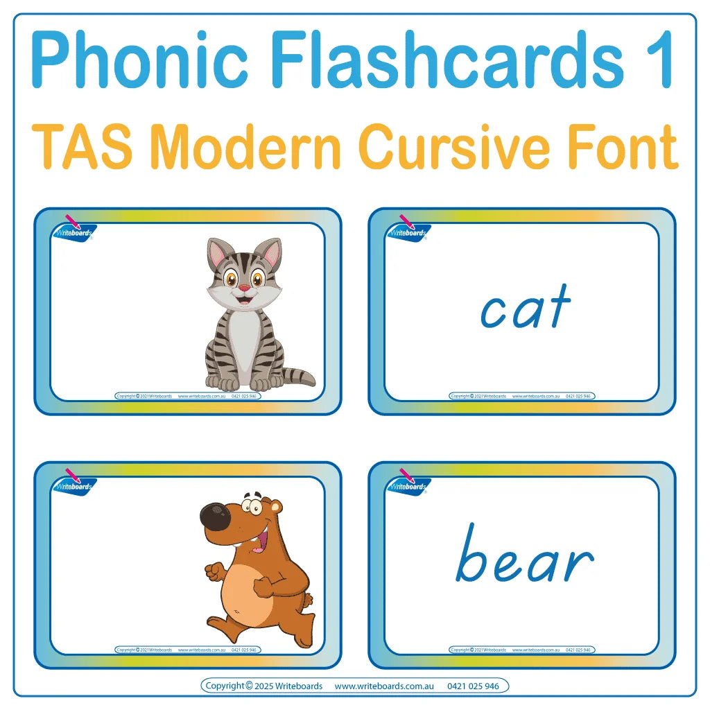 Animal phonic flashcards in TAS Modern Cursive Font support sound recognition and letter formation for students