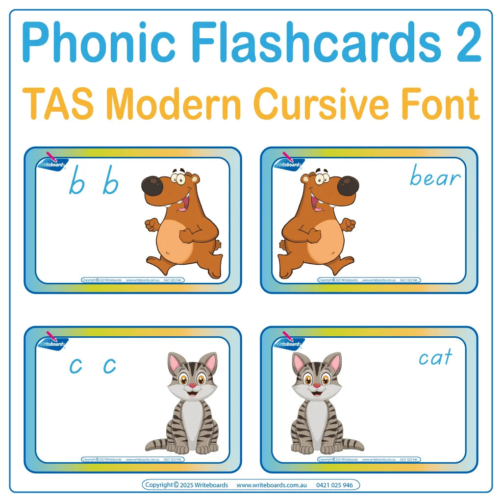 Reinforce phonics with flashcards featuring animals and TAS Modern Cursive Font to build literacy skills
