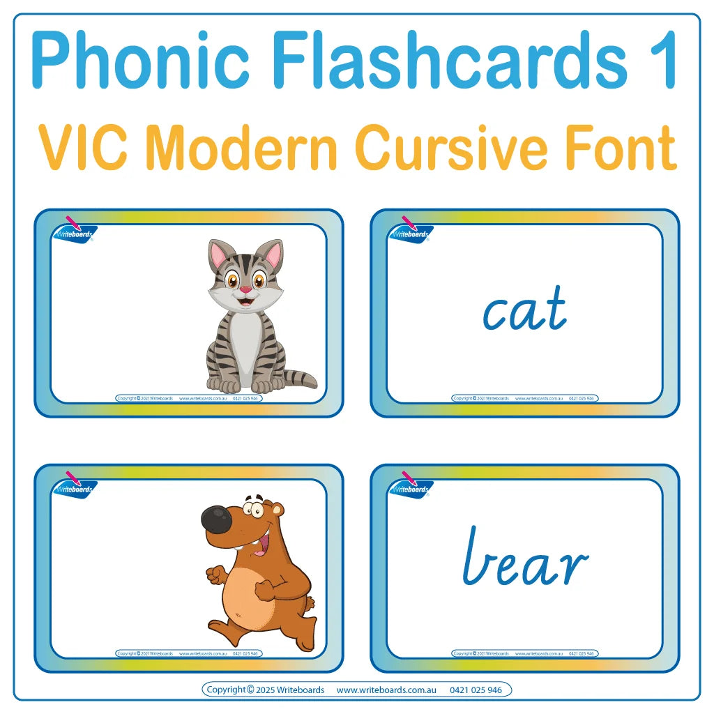 Animal phonic flashcards in VIC Modern Cursive Font support sound recognition and letter formation for students