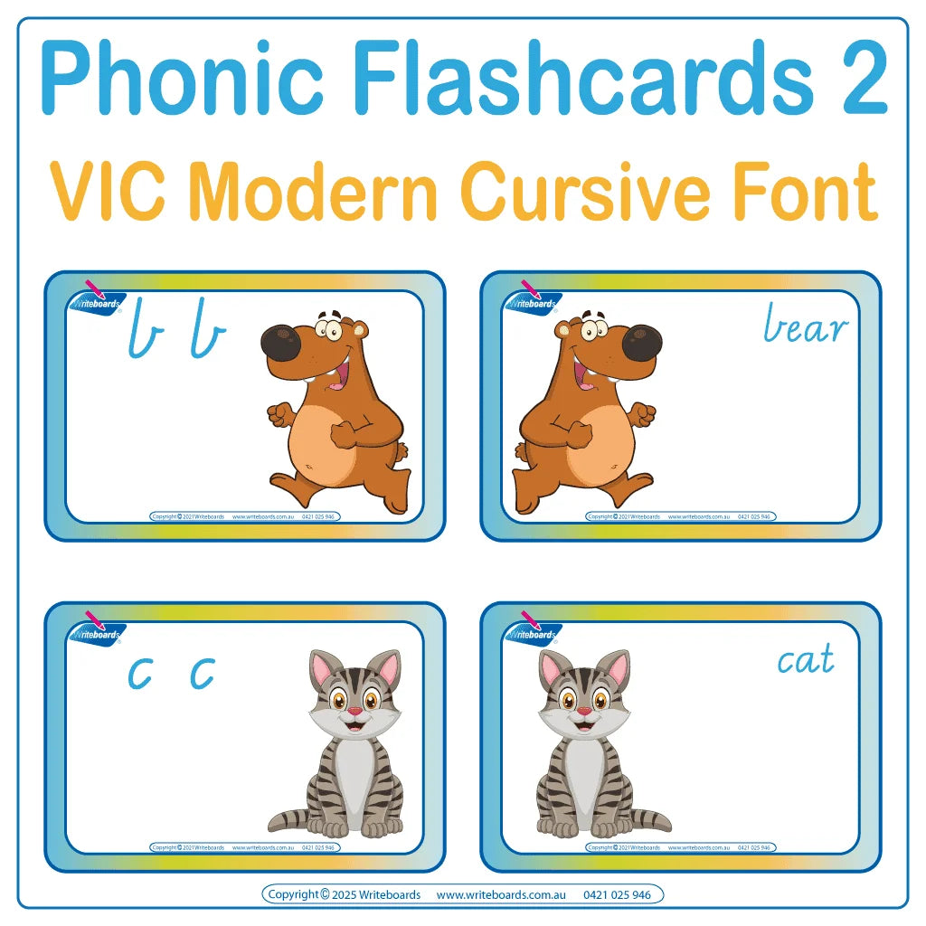 Reinforce phonics with flashcards featuring animals and VIC Modern Cursive Font to build literacy skills