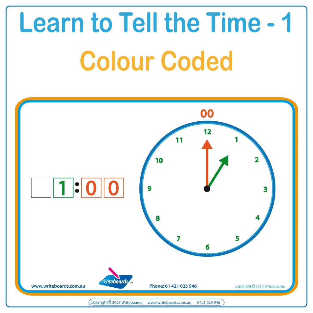 Teach your child how to tell the time by the hour with color-coded clocks