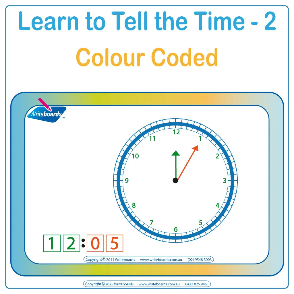 Teach your child how to tell the time in five minute increments with color-coded clocks