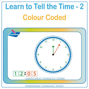 Teach your child how to tell the time in five minute increments with color-coded clocks