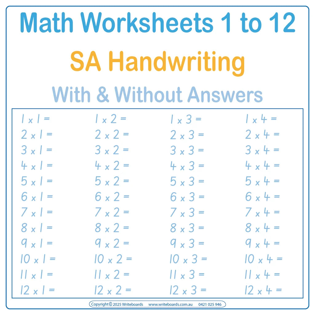 Help your child master SA Modern Cursive math with addition – subtraction – multiplication and division worksheets