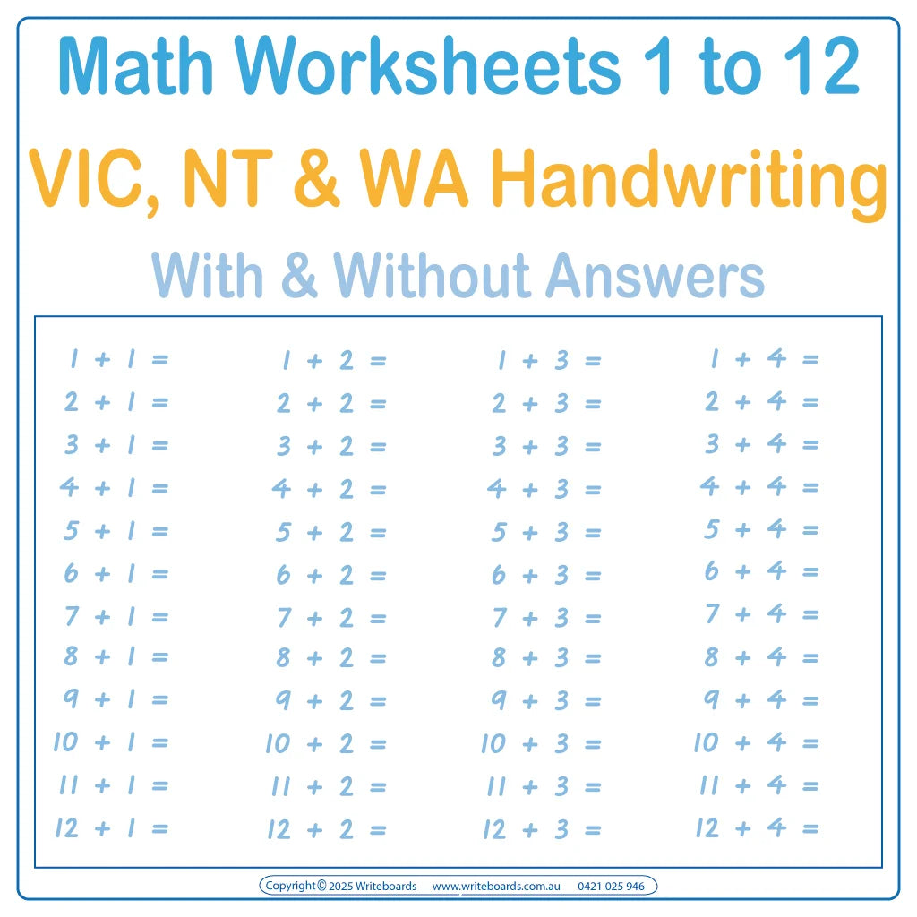 Help your child master VIC Modern Cursive math with addition – subtraction – multiplication and division worksheets