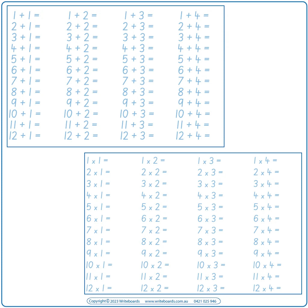 SA Modern Cursive Font Math Worksheets for teachers, Addition, Subtraction, Multiplication, and Division to twelve