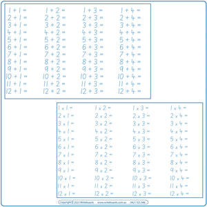 SA Modern Cursive Font Math Worksheets for teachers, Addition, Subtraction, Multiplication, and Division to twelve