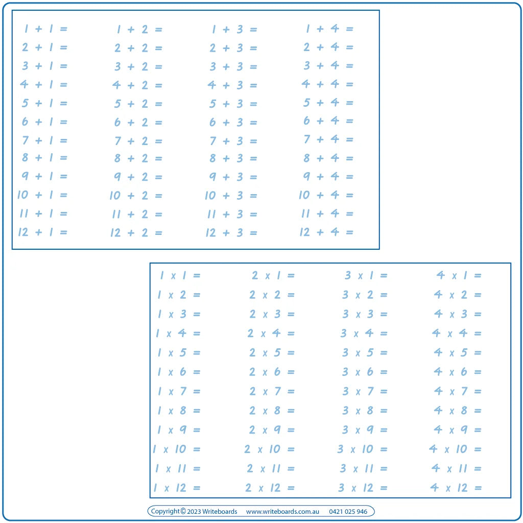 VIC Modern Cursive Font Math Worksheets for teachers, Addition, Subtraction, Multiplication, and Division to twelve