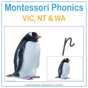 VIC Modern Cursive Montessori phonics picture cards and lowercase flashcards plus posters