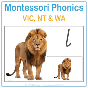 VIC Modern Cursive School Readiness Phonics Pack featuring real animal photo posters and flashcards for Childcare
