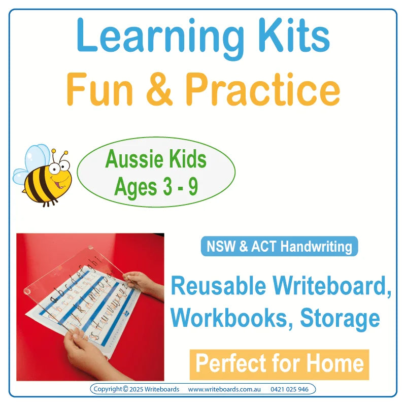Educational kits for kids in NSW and ACT with reusable Writeboard and fun learning worksheets
