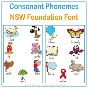 Teach consonant phonemes with NSW Foundation Font posters featuring 201 words and pictures
