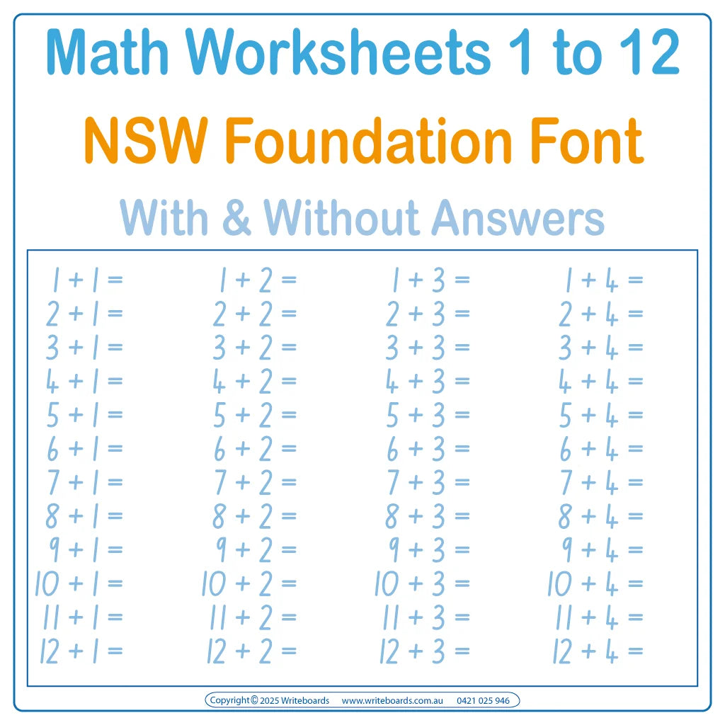 Download NSW Foundation Font Math Worksheets for teachers - Includes maths worksheets from 1 to 12