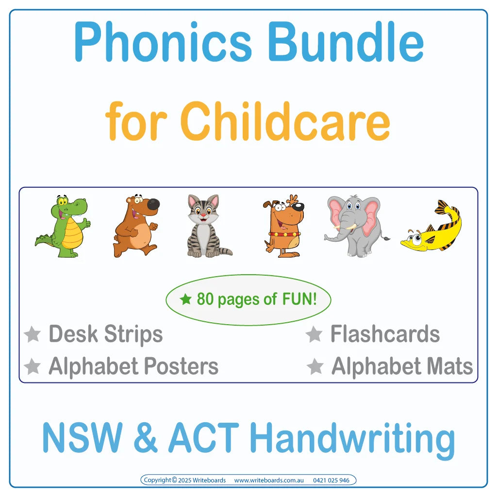 NSW Foundation Font phonics bundle for childcare with posters mats desk strips flashcards letters and words
