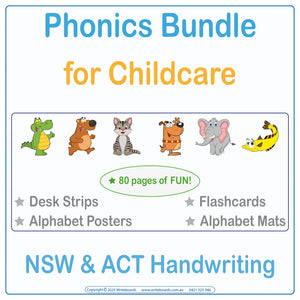 NSW Foundation Font phonics bundle for childcare with posters mats desk strips flashcards letters and words