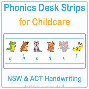 NSW Foundation Font Phonics desk strips for preschool showing letter sounds with picture prompts