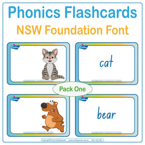 Animal phonic flashcards in NSW Foundation Font supporting sound recognition and letter formation for students
