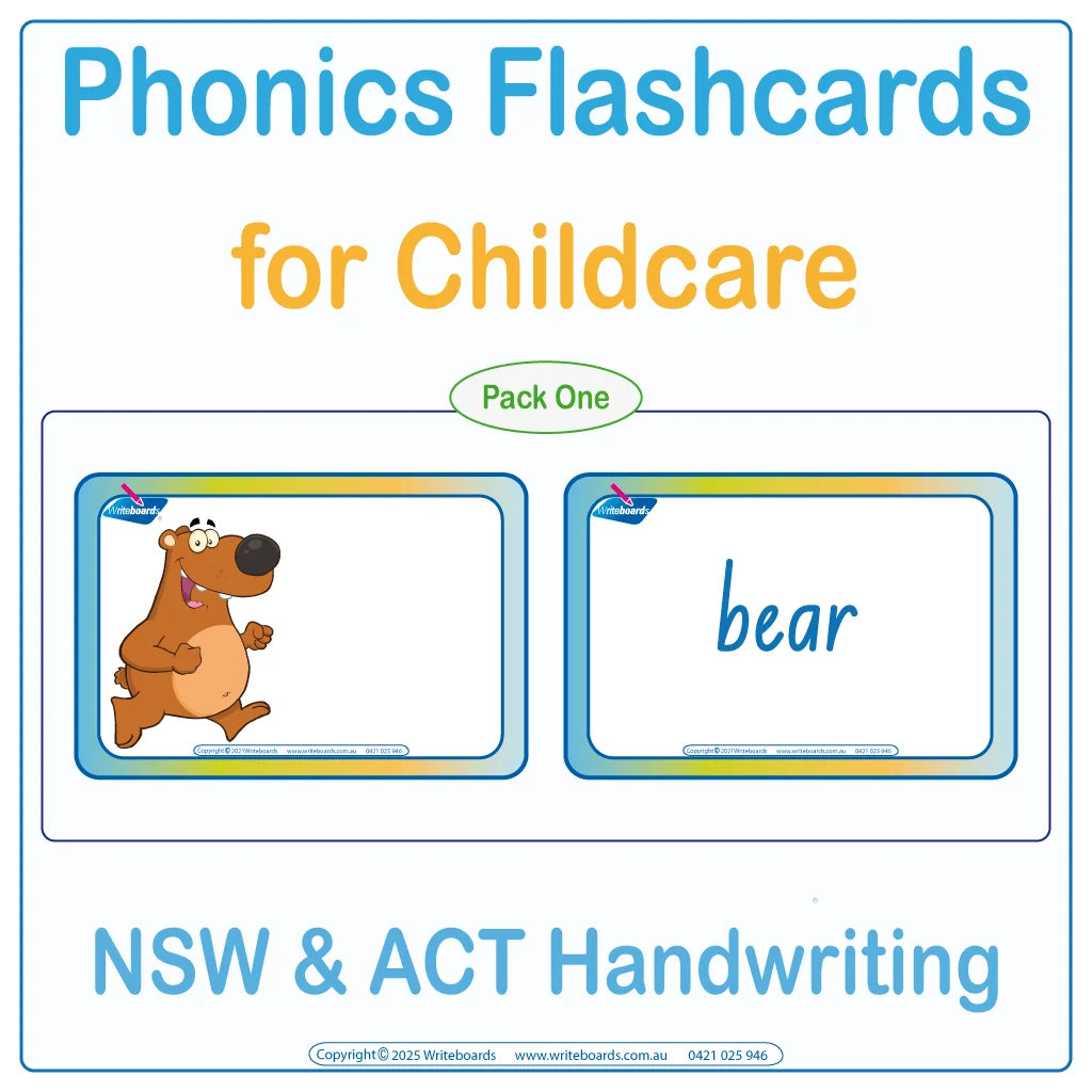 NSW Foundation Font phonics flashcards for childcare showing the word with a matching picture