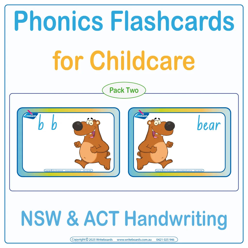 NSW Foundation Font phonics flashcard for childcare showing a single letter with matching word and picture