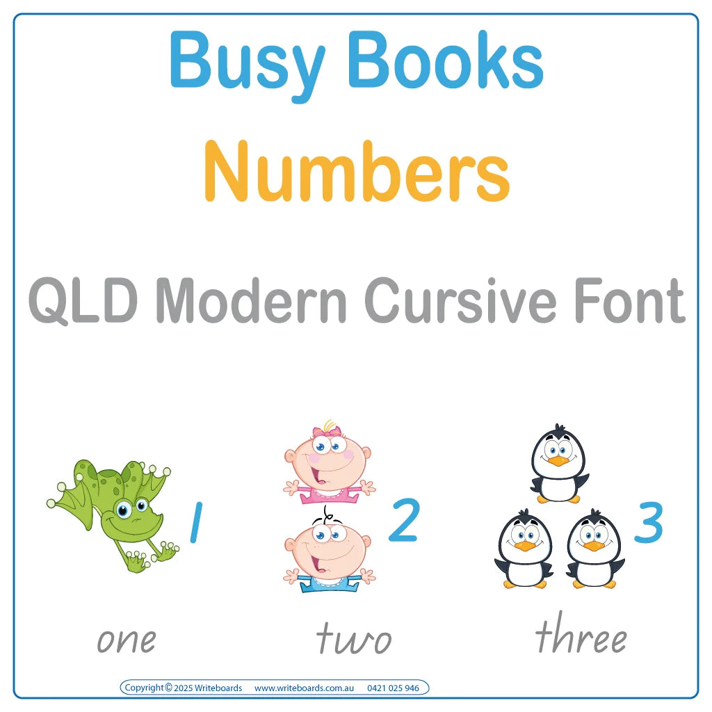 Teach numbers with this QLD Modern Cursive Font Busy Book that includes 34 interactive pages