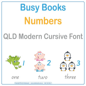 Teach numbers with this QLD Modern Cursive Font Busy Book that includes 34 interactive pages