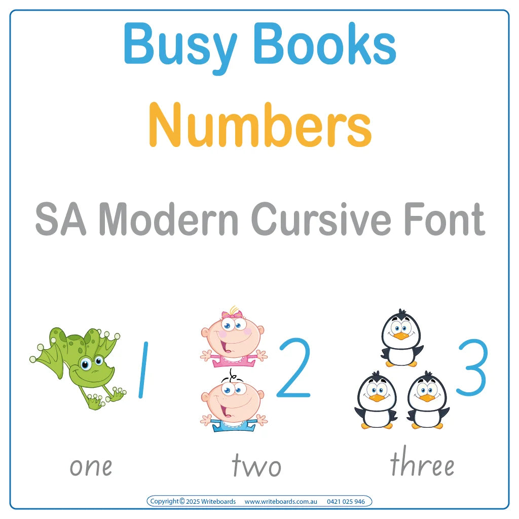 Teach numbers with this SA Modern Cursive Font Busy Book that includes 34 interactive pages