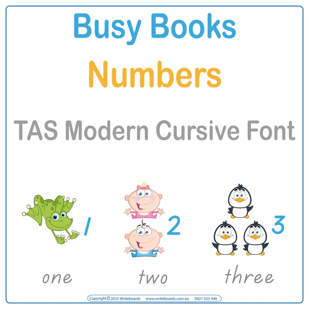 Teach numbers with this TAS Modern Cursive Font Busy Book that includes 34 interactive pages
