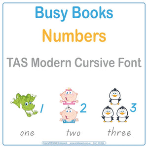 Teach numbers with this TAS Modern Cursive Font Busy Book that includes 34 interactive pages
