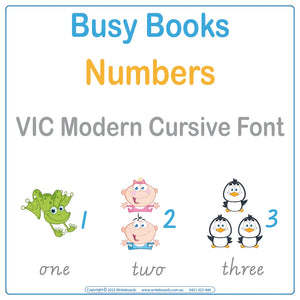 Teach numbers with this VIC Modern Cursive Font Busy Book that includes 34 interactive pages