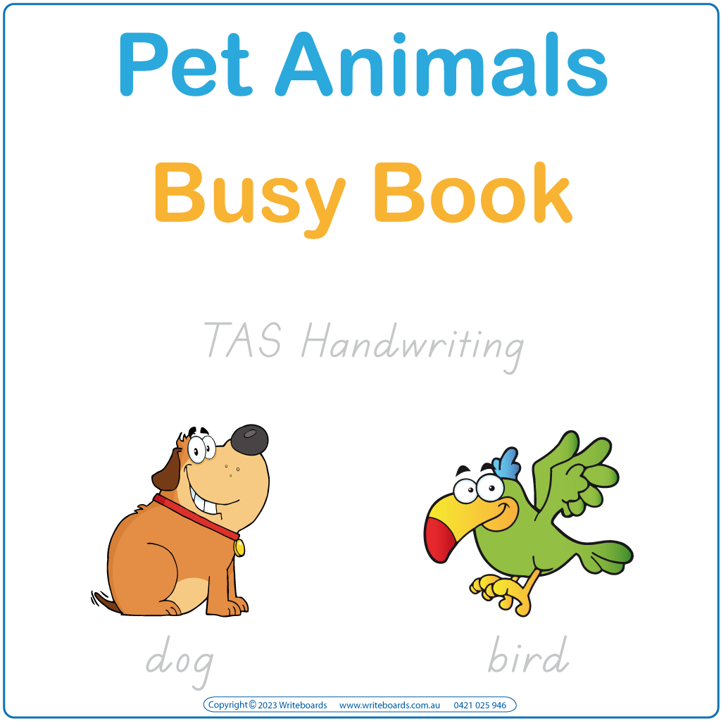 Teach your child about pets with our TAS Modern Cursive Font Interactive Busy Book