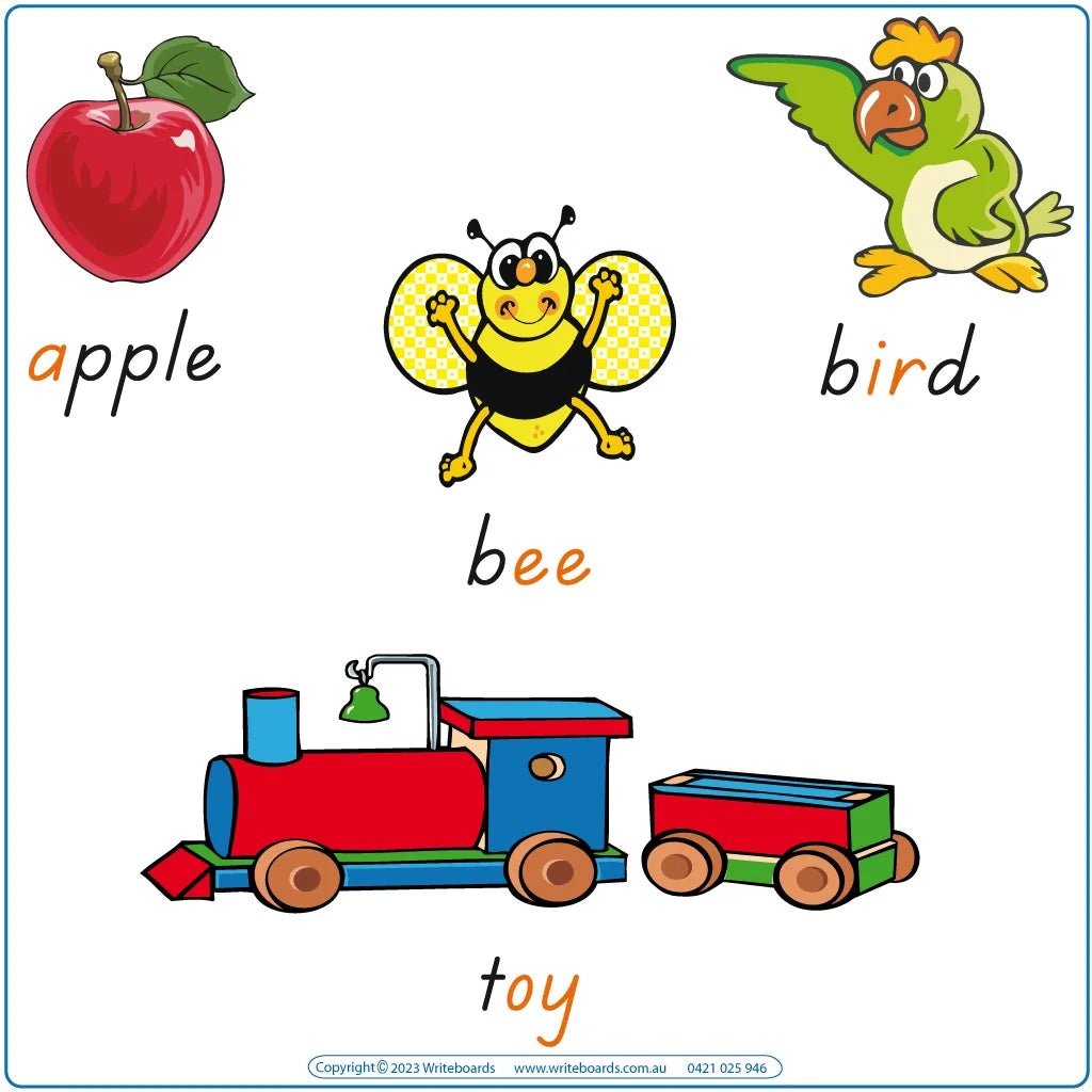 Teach vowel phonemes with TAS Modern Cursive Font posters featuring 211 words and pictures