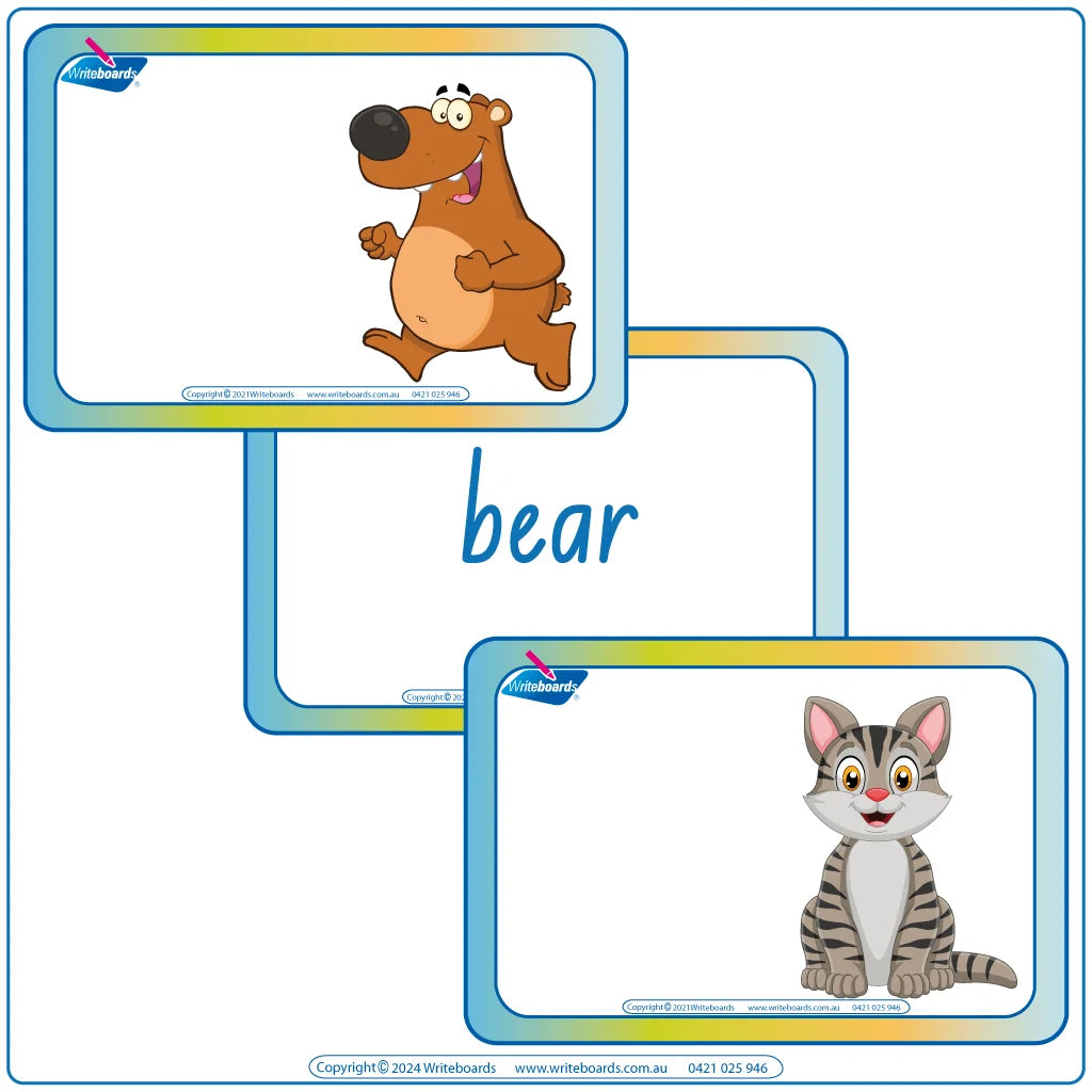 Animal Phonic Flashcards Pack One featuring vibrant animal images and NSW Foundation Font