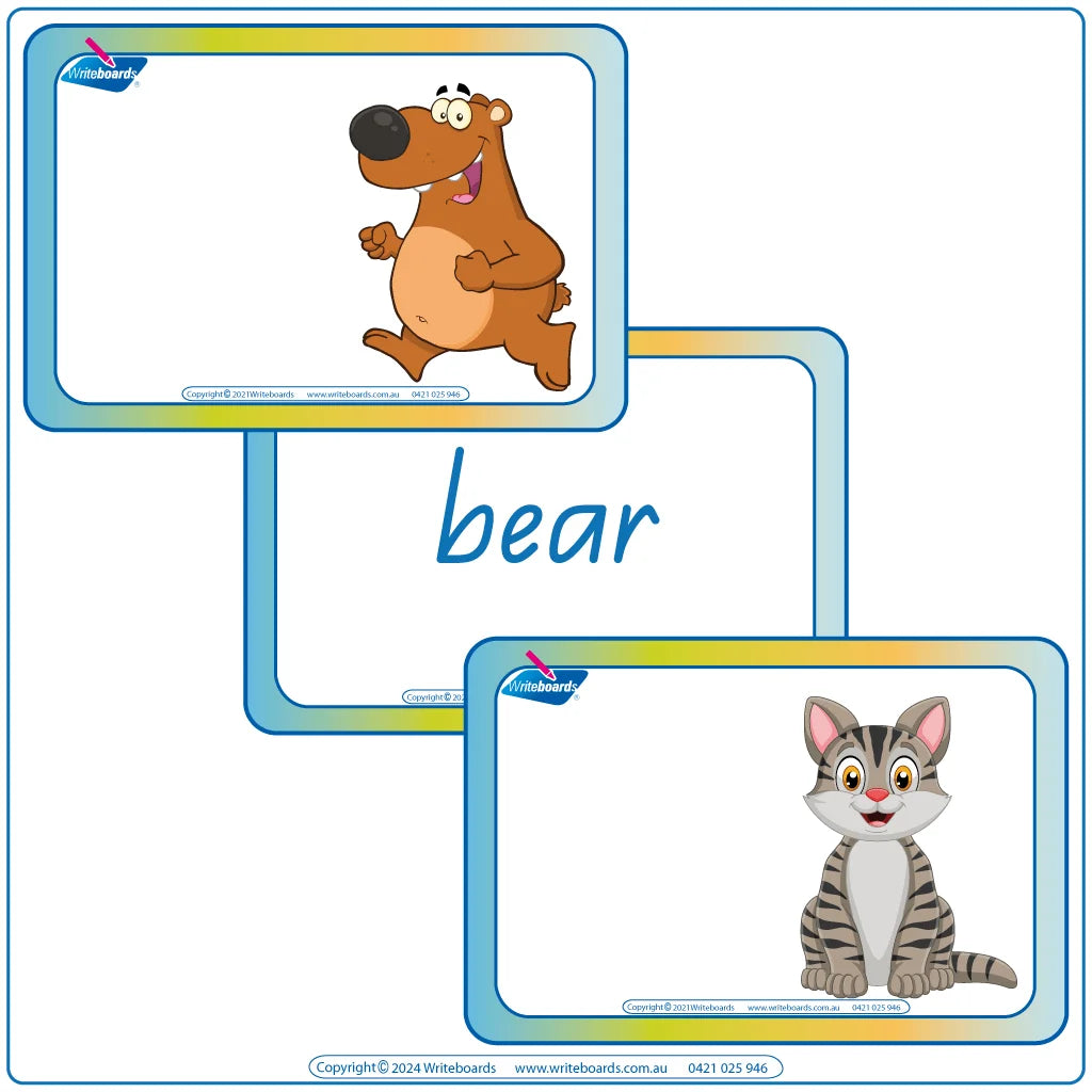 Animal Phonic Flashcards Pack One featuring vibrant animal images and QLD Modern Cursive Font