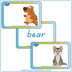 Animal Phonic Flashcards Pack One featuring vibrant animal images and TAS Modern Cursive Font