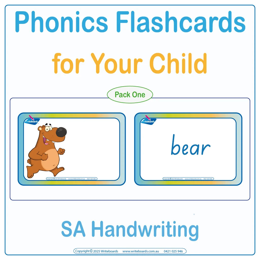 Phonics Flashcards for Your Child using SA School Handwriting, SA Modern Cursive Phonics Flashcards