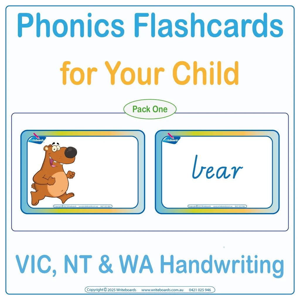 Phonics Flashcards for Your Child using VIC & WA School Handwriting, Phonics Flashcards for NT Handwriting
