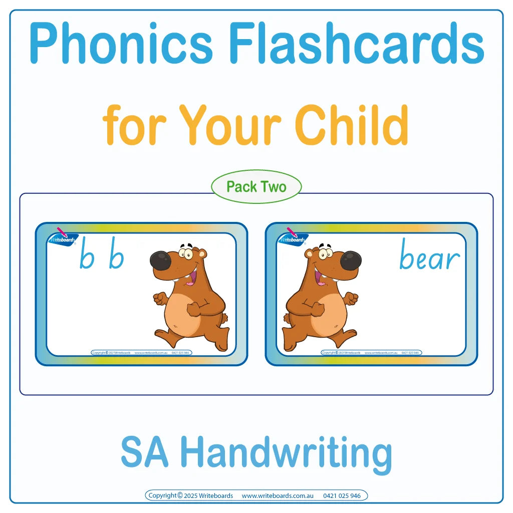 Phonics Flashcards for Your Child using SA School Handwriting, SA Modern Cursive Phonics Flashcards