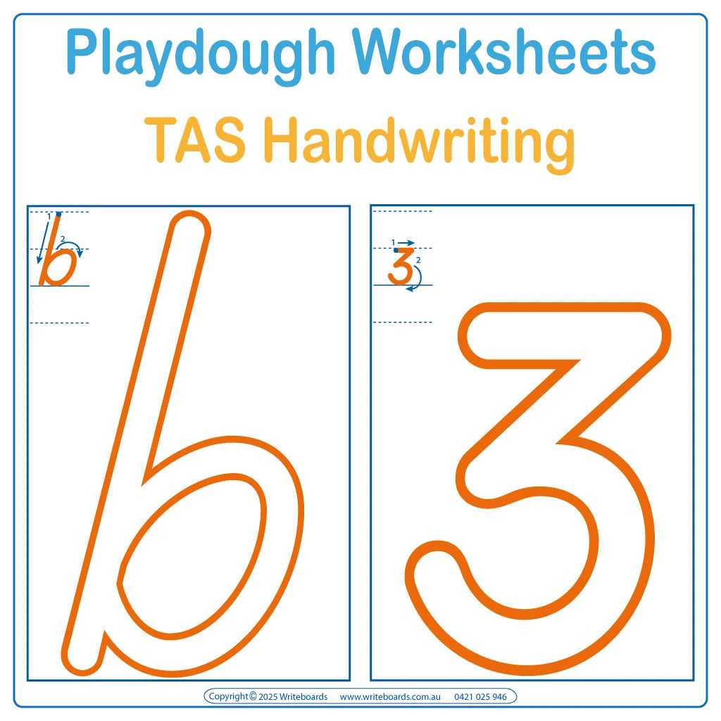 Large Alphabet & Number Tracing Worksheets using TAS School Handwriting, TAS Modern Cursive Alphabet & Numbers