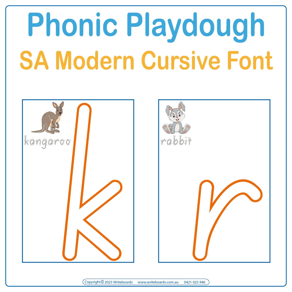 Interactive playdough pack with animal phonics in SA Modern Cursive Font reinforcing letter formation and sounds