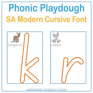 Interactive playdough pack with animal phonics in SA Modern Cursive Font reinforcing letter formation and sounds