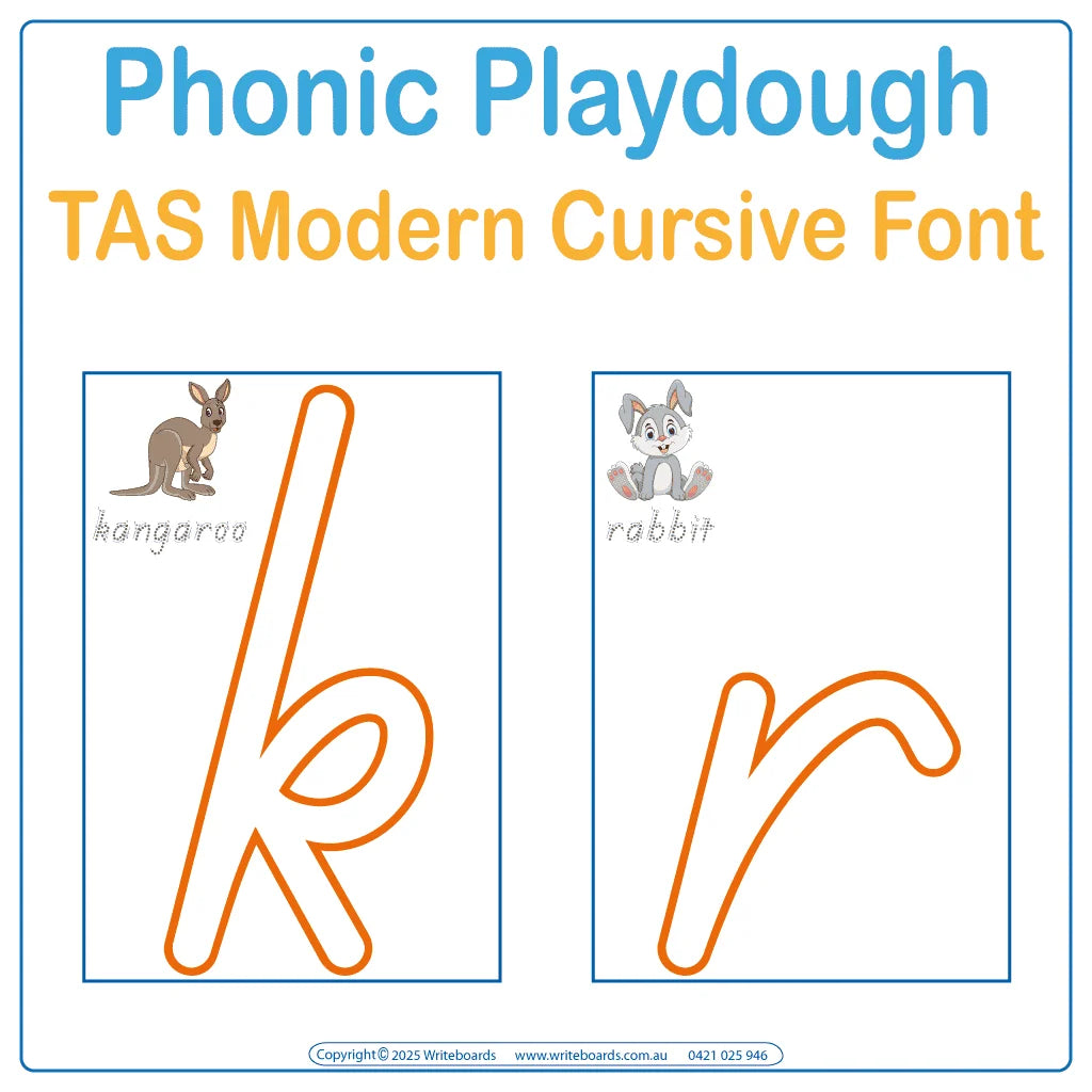 Interactive playdough pack with animal phonics in TAS Modern Cursive Font reinforcing letter formation and sounds
