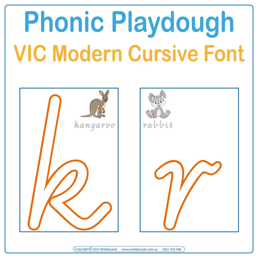 Interactive playdough pack with animal phonics in VIC Modern Cursive Font reinforcing letter formation and sounds