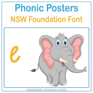 Bright posters with NSW Foundation Font and animals help students link letters to sounds with daily visual support