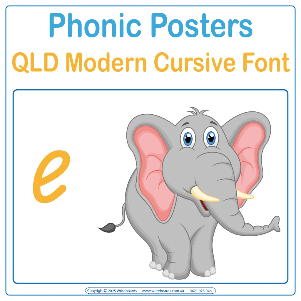 Engage students with vibrant animal phonics posters in QLD Modern Cursive Font for easy letter-sound recognition