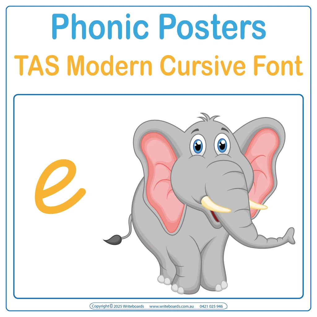 Engage students with vibrant animal phonics posters in TAS Modern Cursive Font for easy letter-sound recognition