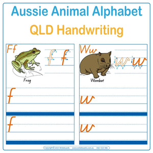 QLD Beginner Font Advanced School Kit includes Australian Animal Alphabet handwriting practice sheets with Directions