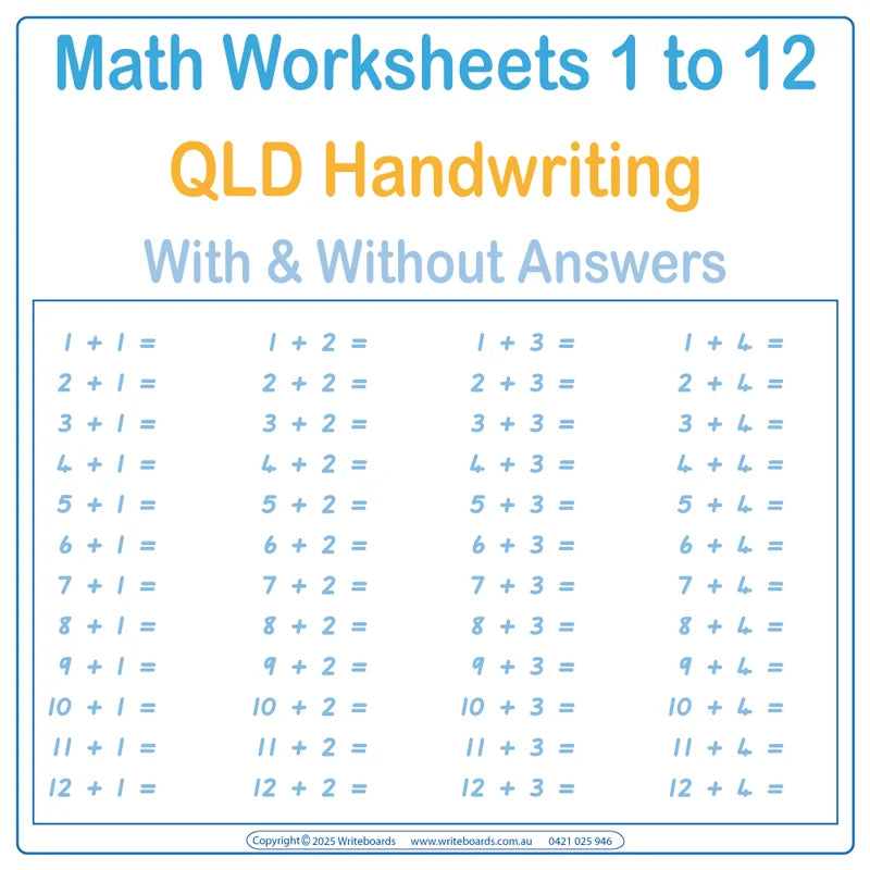 QLD Beginner Font Advanced School Kit includes Math practice sheets from 1 to 12 