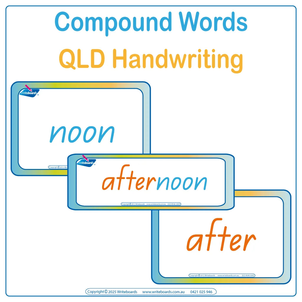 QLD Beginner Font Colour Coded Compound Word Flashcards & Worksheets