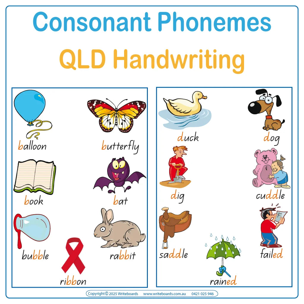 Teach Your Child Phonemes using QLD Beginner Font Colour Coded Phonemes Posters 